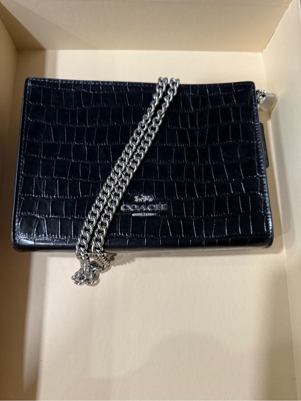 Coach Black Croc-Embossed Leather Chain Crossbody Bag